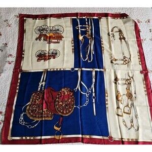 Vintage French Silk Equestrian Carriage Scarf Made In France 33x33